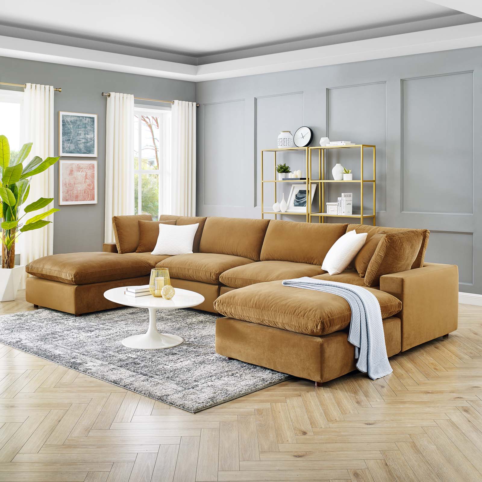 Overstuffed Performance Velvet 6-Piece Sectional Sofa Overstuffed Performance Velvet 6-Piece Sectional Sofa